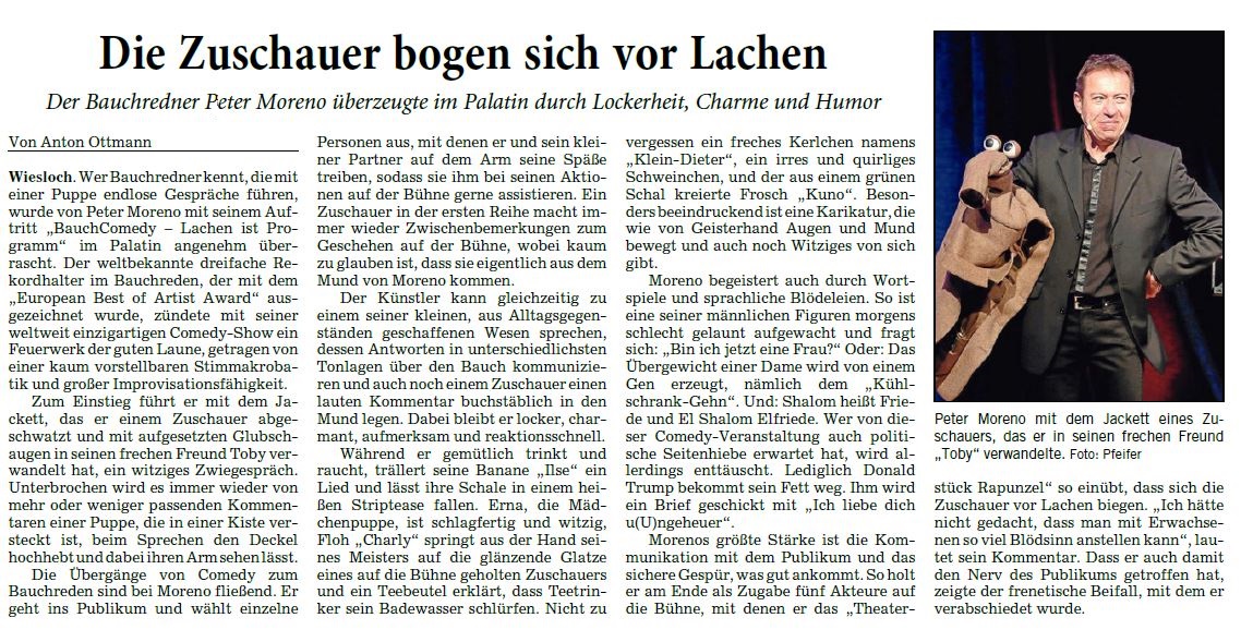 Artikel Rhein Neckar Zeitung Bauchredner Soloprogramm Peter Moreno