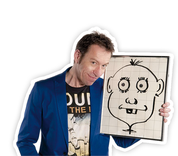 Der Comedy Show-Künstler mit einer Zeichentafel als Bauchredner-Puppe