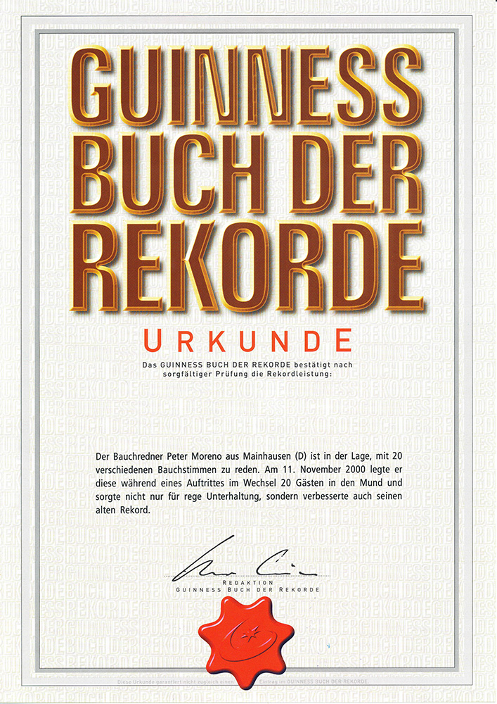 4. Weltrekord als Bauchredner - Guinnessbuch-Eintrag als Weltmeister. Berühmter Bauchredner aus Deutschland